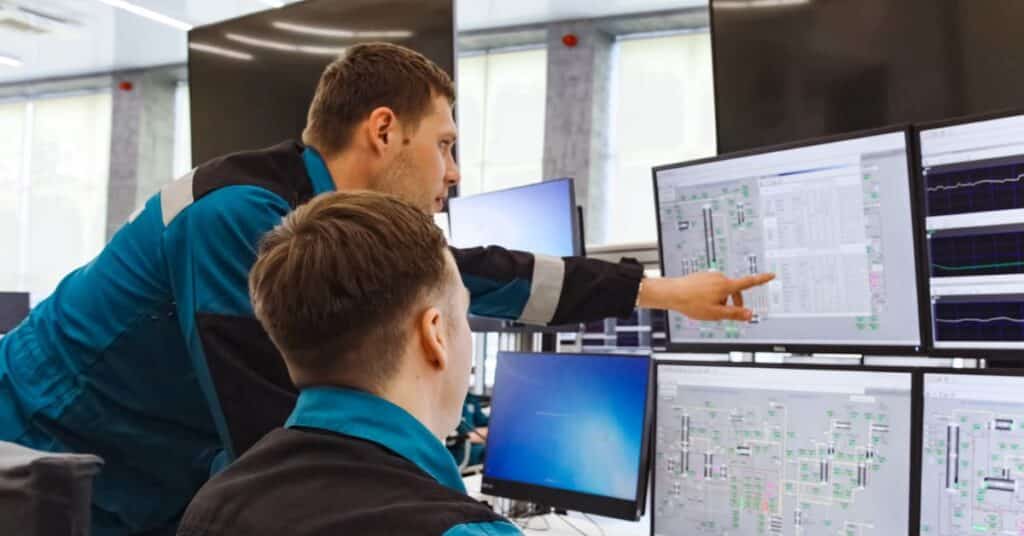 Product equipment designers reviewing oil and gas process modeling diagrams