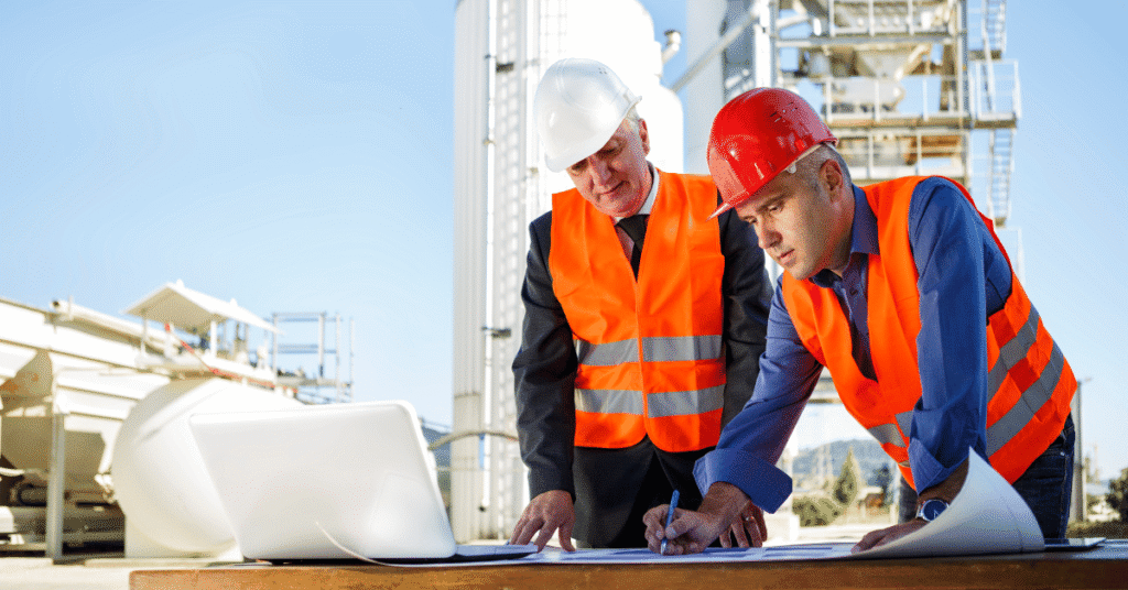 2 field specialists reviewing diagnostic check paperwork for oil and gas equipment troubleshooting