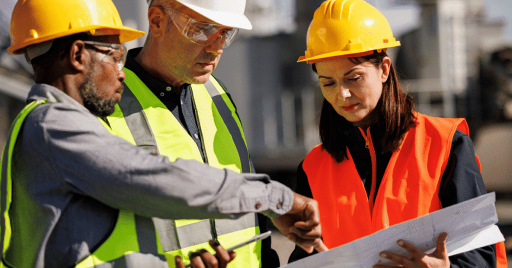 3 field specialists reviewing diagnostic check paperwork for oil and gas equipment troubleshooting